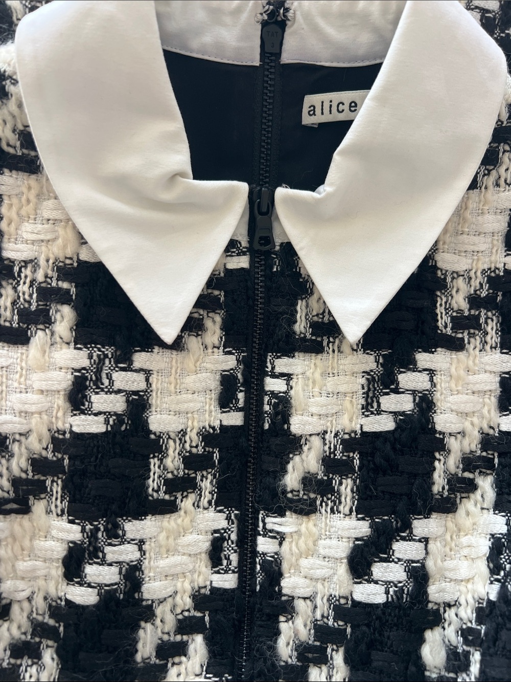 ALICE & OLIVIA Ellis Houndstooth A-Line Dress. Collar, pockets, zippers, lined. - Picture 3 of 11